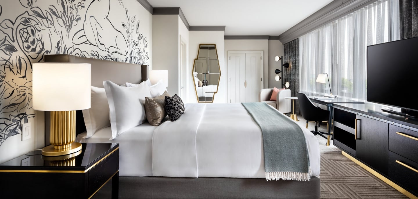 The large bedroom and bed in the Gwen Lux suite, which also included a work station and large HD TV.