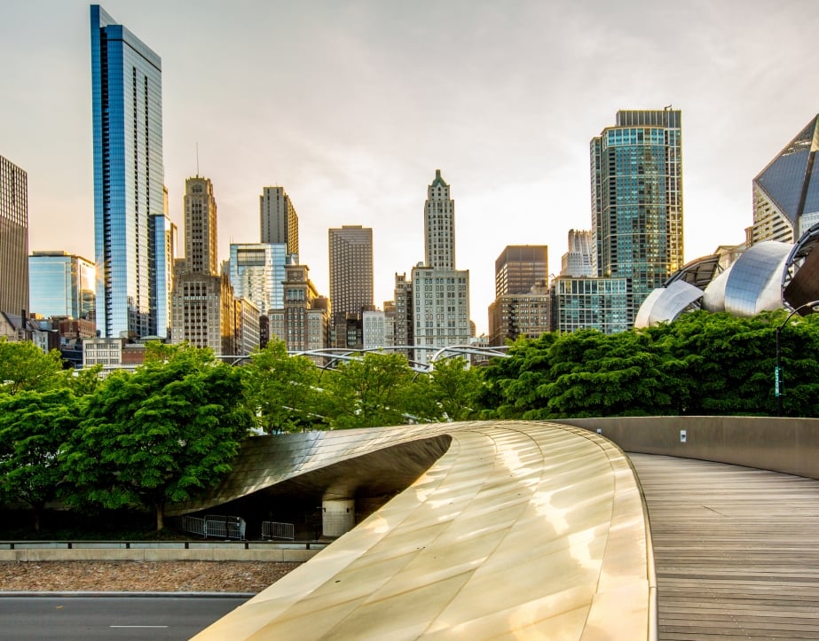 The foot bridge leading to Millennium Park in Chicago.