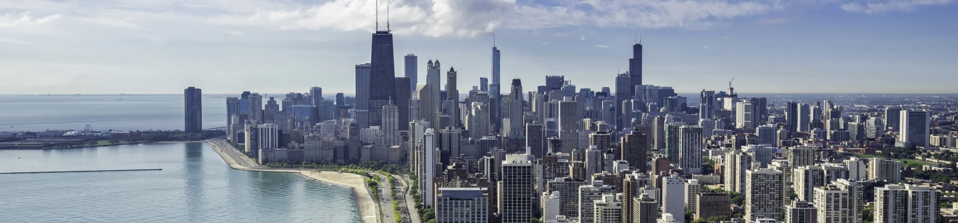 An aerial view of the Chicago skyline and cityscape.
