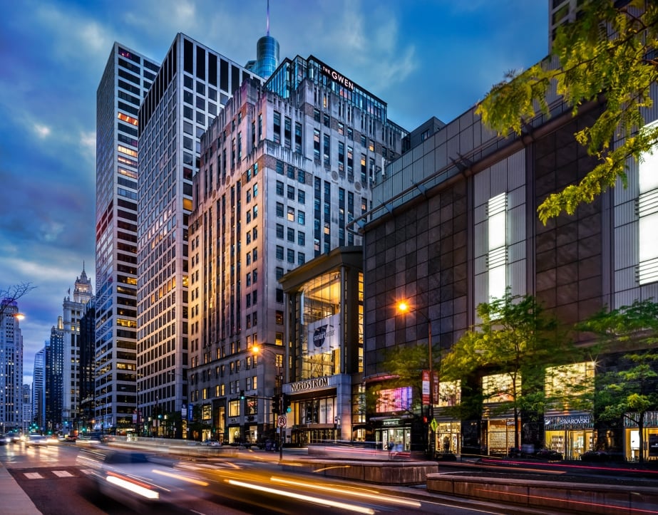 The exterior of The Gwen as seen as night.